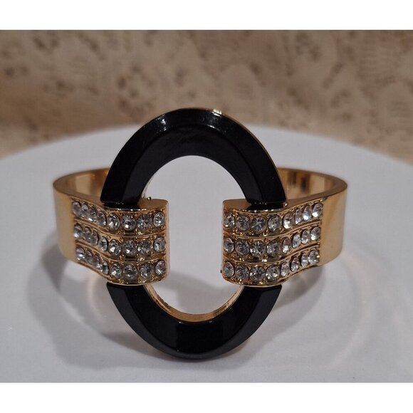 EUC Vintage Gold-Tone & Black Cuff Bangle Bracelet With Clear Rhinestones - Picture 1 of 6